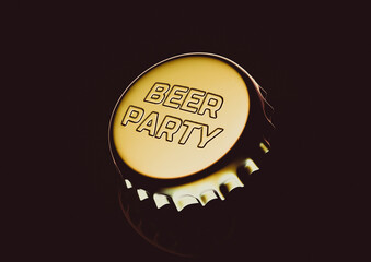 Beer bottle golden cap on dark background with beer party embossed lettering. 3D rendering illustration, close-up view
