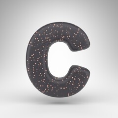 Letter C uppercase on white background. Black matte 3D rendered font with copper dots texture.