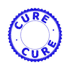 Grunge CURE round rosette watermark. Empty space inside circle. Vector blue rubber watermark of CURE tag inside round rosette. Stamp seal with grunge texture. Seal with grunge texture in blue color.