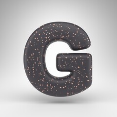 Letter G uppercase on white background. Black matte 3D rendered font with copper dots texture.