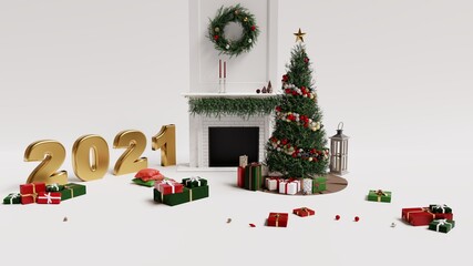 2021 new year christmas tree and gift boxes white background 3d rendering 3d render cgi
