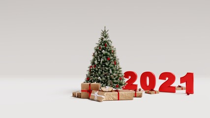 2021 new year christmas tree and gift boxes white background 3d rendering 3d render cgi