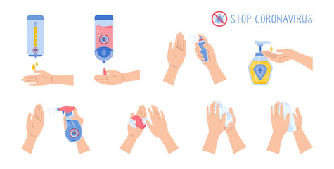 Hands use spray sanitizer, wash soap, against covid virus cartoon set. Coronavirus infographic flat disinfection sanitizer wall bottles, antiseptic gel collection. Isolated vector illustration