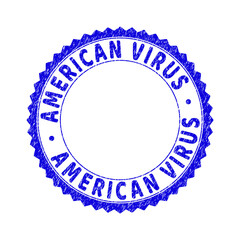 Grunge AMERICAN VIRUS round rosette watermark. Copy space inside circle. Vector blue rubber watermark of AMERICAN VIRUS title inside round rosette. Stamp seal with grunge texture.
