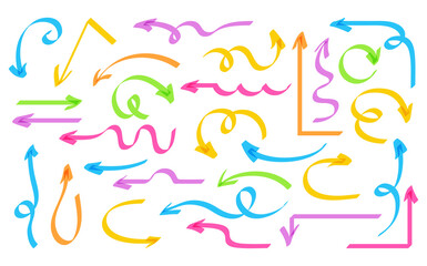 Arrow hand drawn highlighter colorful transparent set. Shapes marker design elements collection icon. Colorful arrows, pointers, arrowheads and marks. Business objects vector illustration