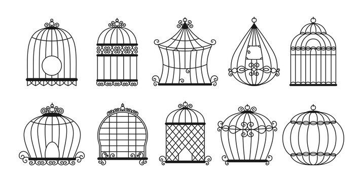 Birdcages black silhouette set. Vintage cage without birds collection. Simple products for keeping home. Monochrome decorative isolated vector illustration