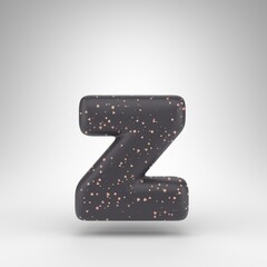 Letter Z lowercase on white background. Black matte 3D rendered font with copper dots texture.