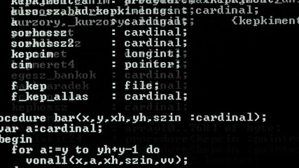 Computer source code scrolling on the screen, character mode console display