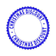 Grunge CHRISTMAS DISCOUNT round rosette stamp seal. Empty space inside circle. Vector blue rubber imitation of CHRISTMAS DISCOUNT tag inside round rosette. Stamp seal with grunge texture.