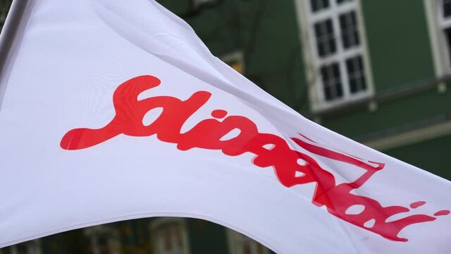 United solidarity movement flag in Poland waving in slow motion
