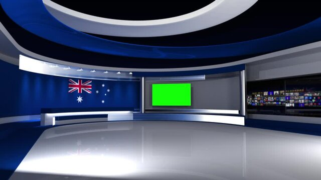 TV studio. Australia. Australian flag. News studio.  Loop animation. Background for any green screen or chroma key video production. 3d render. 3d 