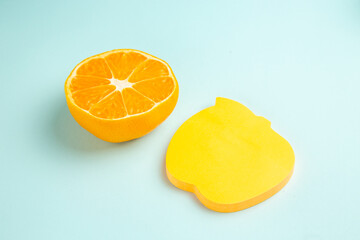 front view fresh tangerine slice with sticker on light-blue background photo fruit color juice...