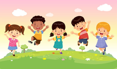 Cute boys and girls jumping with joy and fun on the meadow. Cartoon character vector