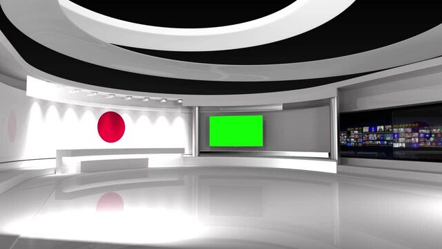 TV studio. Japanese flag background. News studio. Loop animation. Background for any green screen or chroma key video production. 3d render. 3d