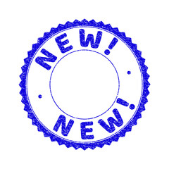 Grunge NEW! round rosette stamp seal. Copy space inside circle. Vector blue rubber imitation of NEW! text inside round rosette. Stamp seal with retro texture. Seal with grunge texture in blue color.