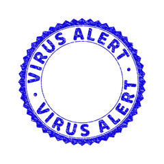 Grunge VIRUS ALERT round rosette stamp seal. Copy space inside circle. Vector blue rubber watermark of VIRUS ALERT caption inside round rosette. Stamp seal with unclean texture.