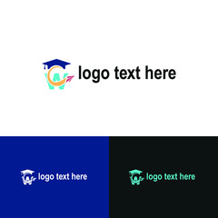 Initial letter w with toga hat graduation gown and paper plane flying around for education academy logo concept