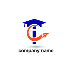 Initial letter i with toga hat graduation gown and paper plane flying around for education academy logo concept