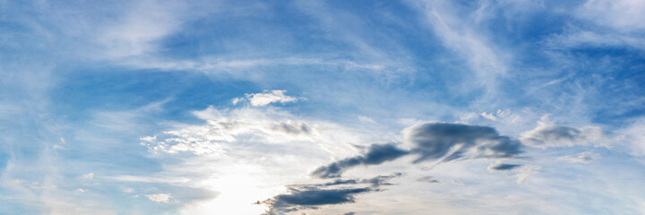 Blue sky panorama with cloud on a sunny day. Beautiful 180 degree panoramic image.