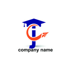 Initial letter j with toga hat graduation gown and paper plane flying around for education academy logo concept