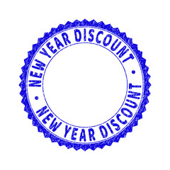 Grunge NEW YEAR DISCOUNT round rosette stamp. Copy space inside circle. Vector blue rubber watermark of NEW YEAR DISCOUNT tag inside round rosette. Stamp seal with grunge texture.