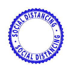 Grunge SOCIAL DISTANCING round rosette stamp seal. Copy space inside circle. Vector blue rubber imprint of SOCIAL DISTANCING label inside round rosette. Stamp seal with grunge texture.