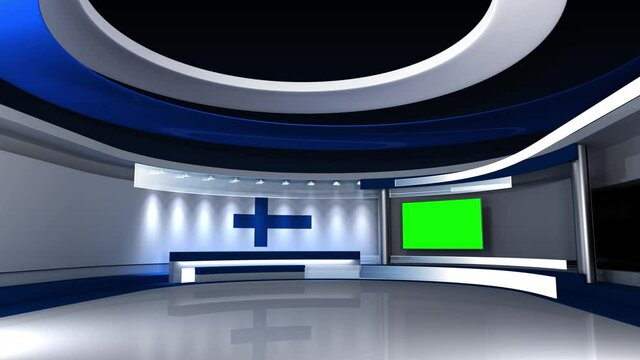 TV studio. Finland. Finnish flag background. News studio. Loop animation. Background for any green screen or chroma key video production. 3d render. 3d