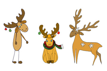 Set of three Christmas deer and elk, graphic color sketch isolated on white background