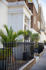 White British apartment with columns and plants decorating the entrance