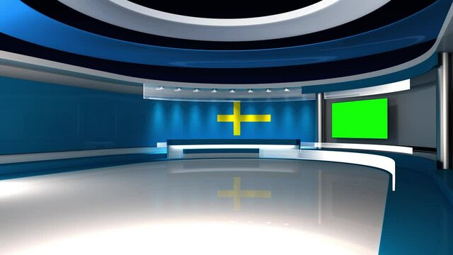 TV studio. Sweden. Swedish flag. News studio. Loop animation. Background for any green screen or chroma key video production. 3d render. 3d