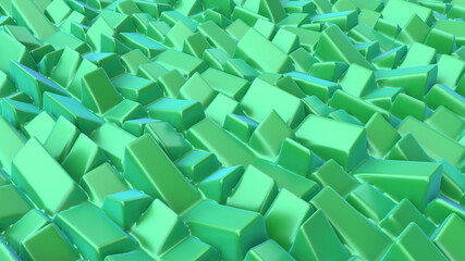 Abstract background with green cubes, geometric low-poly installation. Geometric bricks shapes with rounded edges. Modern background template for documents, reports and presentations. 3d rendering