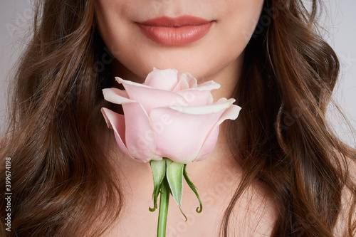 Close-up cropped portrait of woman with pink rose near face. Holiday concept of valentine's day, birthday, mother's day, womens day.