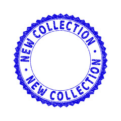 Grunge NEW COLLECTION round rosette stamp. Copy space inside circle. Vector blue rubber overlay of NEW COLLECTION title inside round rosette. Stamp seal with grunge texture.