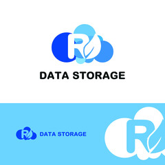 Initial letter R with leaf cloud icon for smart technology database storage logo concept