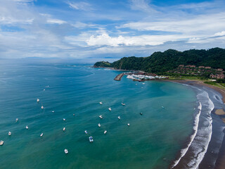 Beautiful aerial view of Hermosa Beach and Los Sueños Marina in the Beach of Costa Rica