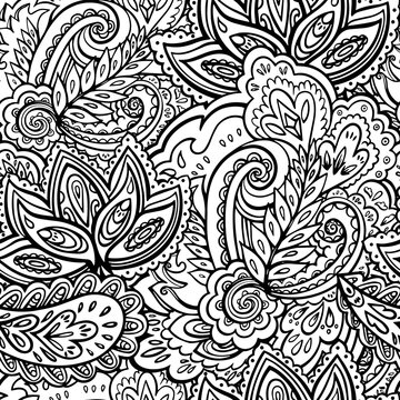 Seamless pattern in ornamental style. Black and white illustration for adult coloring book.