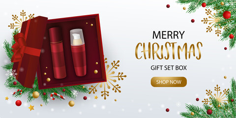 Merry Christmas gift set box background with decorations, template for web banner
