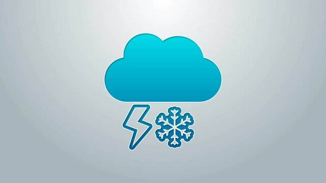 Blue line Cloud with snow and lightning icon isolated on grey background. Cloud with snowflakes. Single weather icon. Snowing sign. 4K Video motion graphic animation