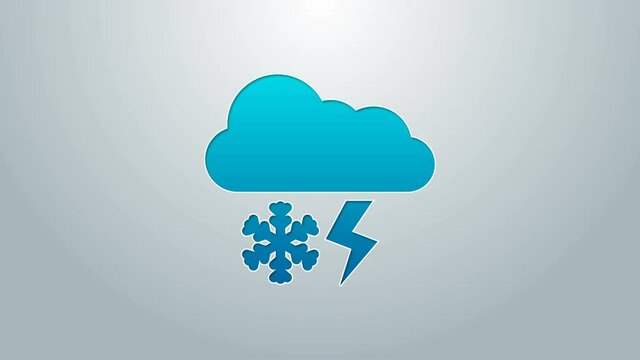 Blue line Cloud with snow and lightning icon isolated on grey background. Cloud with snowflakes. Single weather icon. Snowing sign. 4K Video motion graphic animation