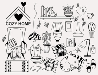 Cozy home. set of doodles - a cat looking out from behind a vases, a cat sleeping on a pillow, a bookshelf and a teddy bear, an armchair with a blanket, flowerpots, lamp and cookies. Vector, outline