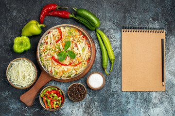 top view tasty salad with fresh vegetables on light grey background food diet color meal health