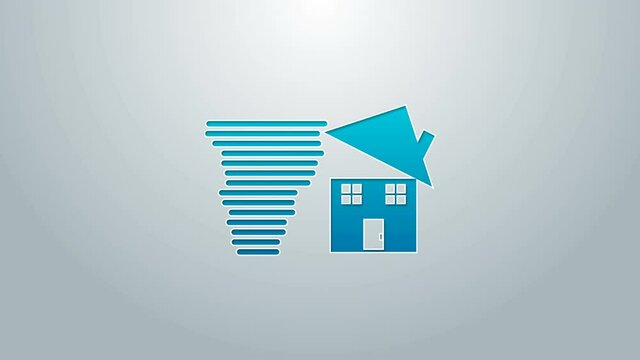 Blue line Tornado swirl damages house roof icon isolated on grey background. Cyclone, whirlwind, storm funnel, hurricane wind icon. 4K Video motion graphic animation