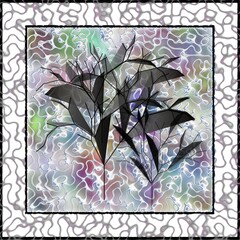 Abstract design of stylized black and gray trees on a filagree-patterned multicolor pastel background