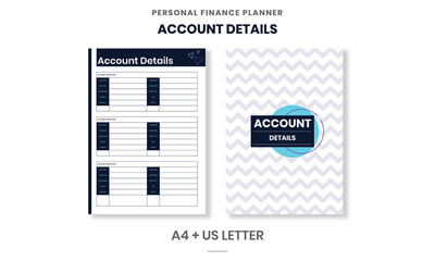 Minimalist Personal Finance planner Account Details pages template vector paper A4 and US Letter Ai, EPS 10 File