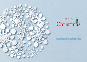 Silhouette snow flakes pattern in a giant circle shape and paper cut style with wording of Christmas day, example texts on blue paper pattern background.