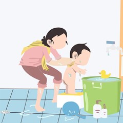 Vector of a mother bathing her son in the bathroom