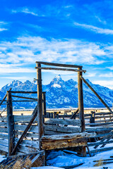 Fence Frames Mountains in Winter, Snow, Wooden