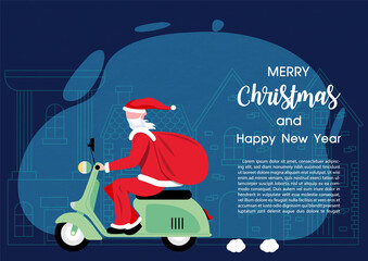 A new age Santa rides a motorcycle to deliver gifts with wording of Christmas and example texts on navy blue and European town background.