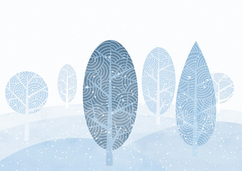Landscape winter and snow falling with abstract trees on foggy and light blue background.
