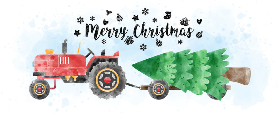 A tractor with truck carrying pine tree in watercolors style with Merry Christmas letters and decorated with Christmas symbols on light blue watercolor and white background.